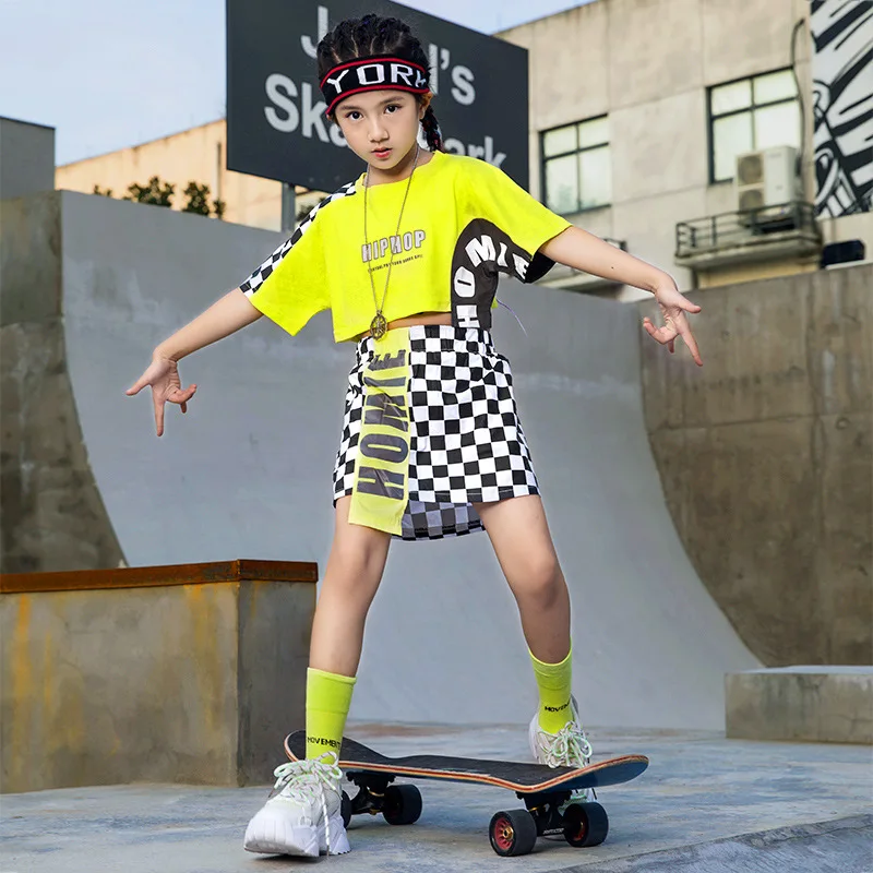 Boys Hip Hop Summer T-shirt Street Dance Contrast Cargo Shorts Girls Crop Top Plaid Skirts Child Clothes Sets Kids Jazz Costumes