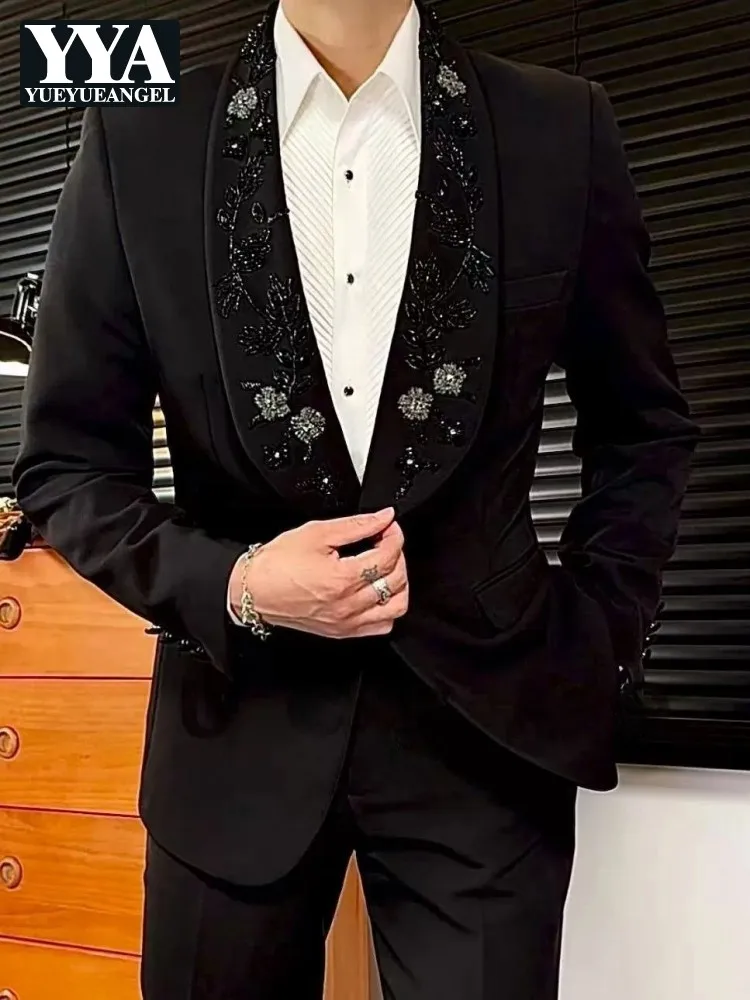 

Элегантный приталенный мужской черный пиджак для банкета, модный пиджак на одной пуговице со стразами, свадебное платье жениха, пиджаки, топы, мужские