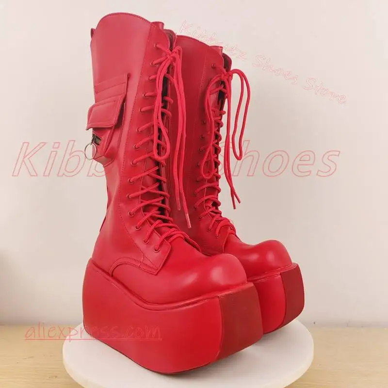 Platform Knee High Boot Patent Leather Lace Up Buckle Strap Chunky Sole Round Toe Punk Goth Streetwear Patchwork Fashion Elegant