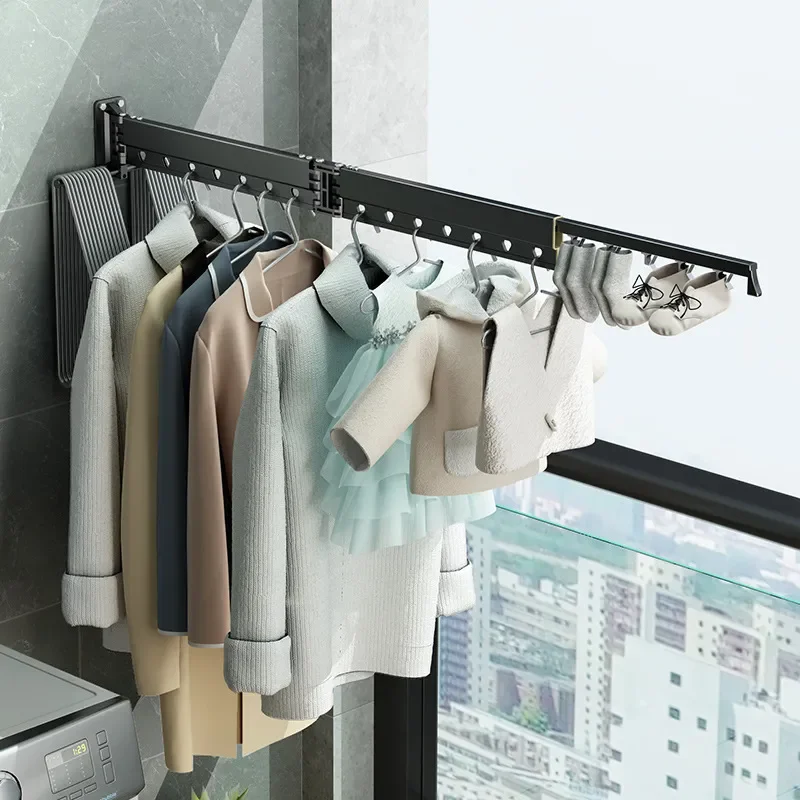 Wall Mounted Folding Clothes Drying Rack Telescopic Laundry Hanger For Indoor Balcony Bay Window Space Saving Invisible Rod