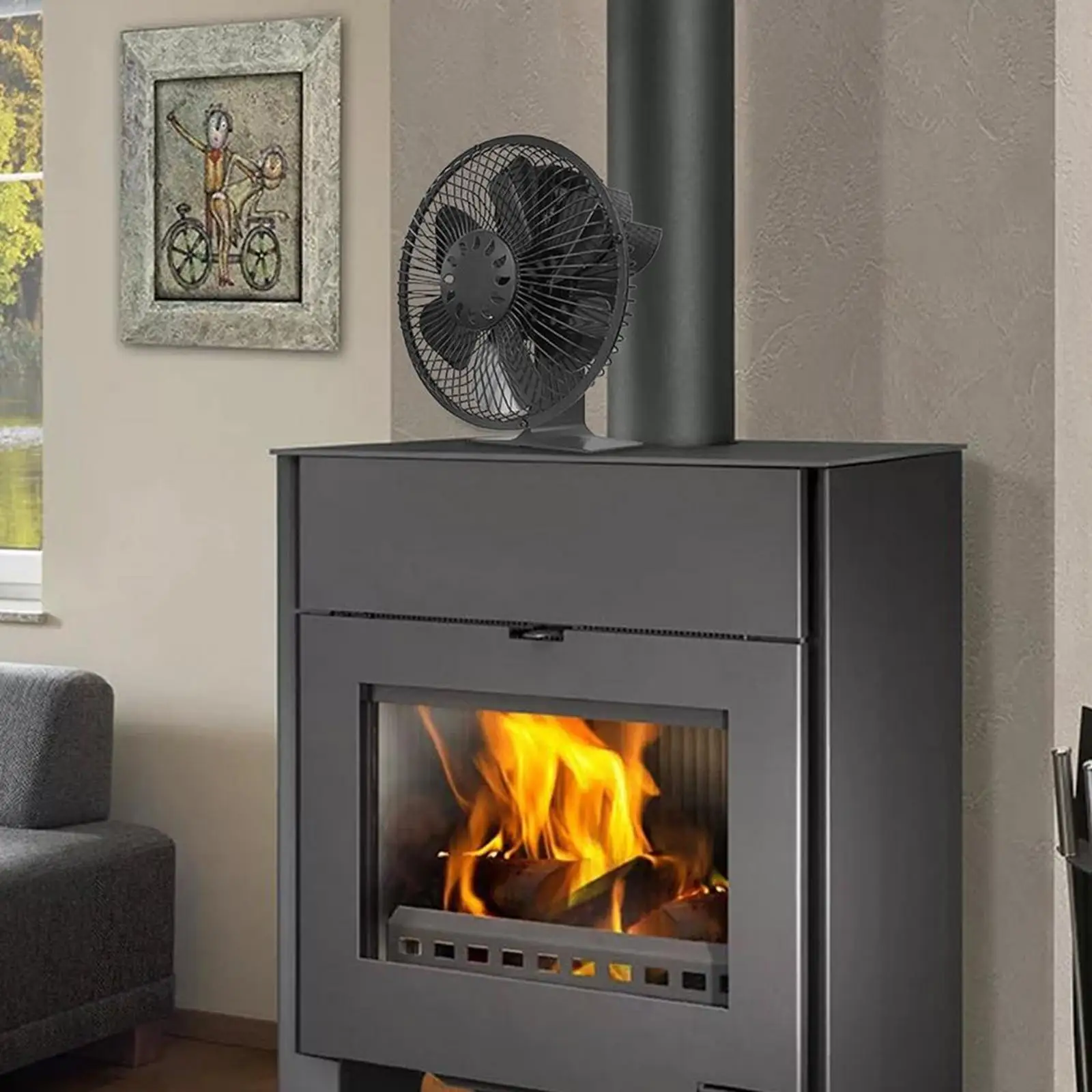 Black Heat Powered Stove Fan Circulating Warm Air Efficiency Wood Burning Stove