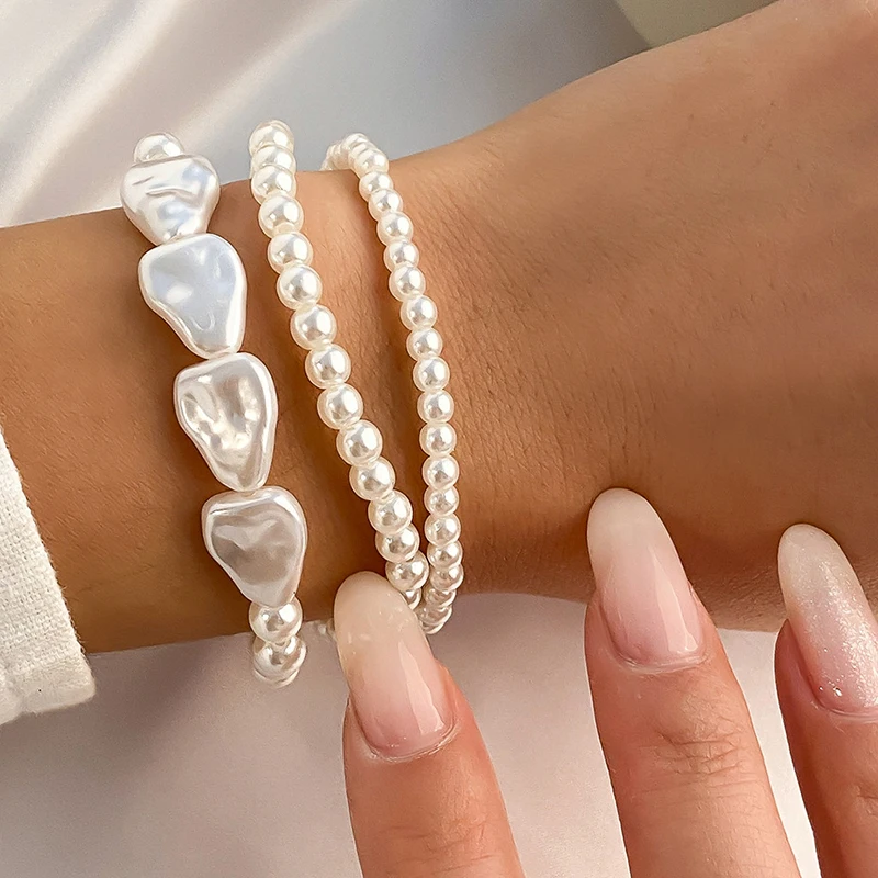 3pcs/Set Boho Elegant Multilayer White Imitation Pearl Chain Bracelet Accessories For Women Wedding Vacation Gift Jewelry B061
