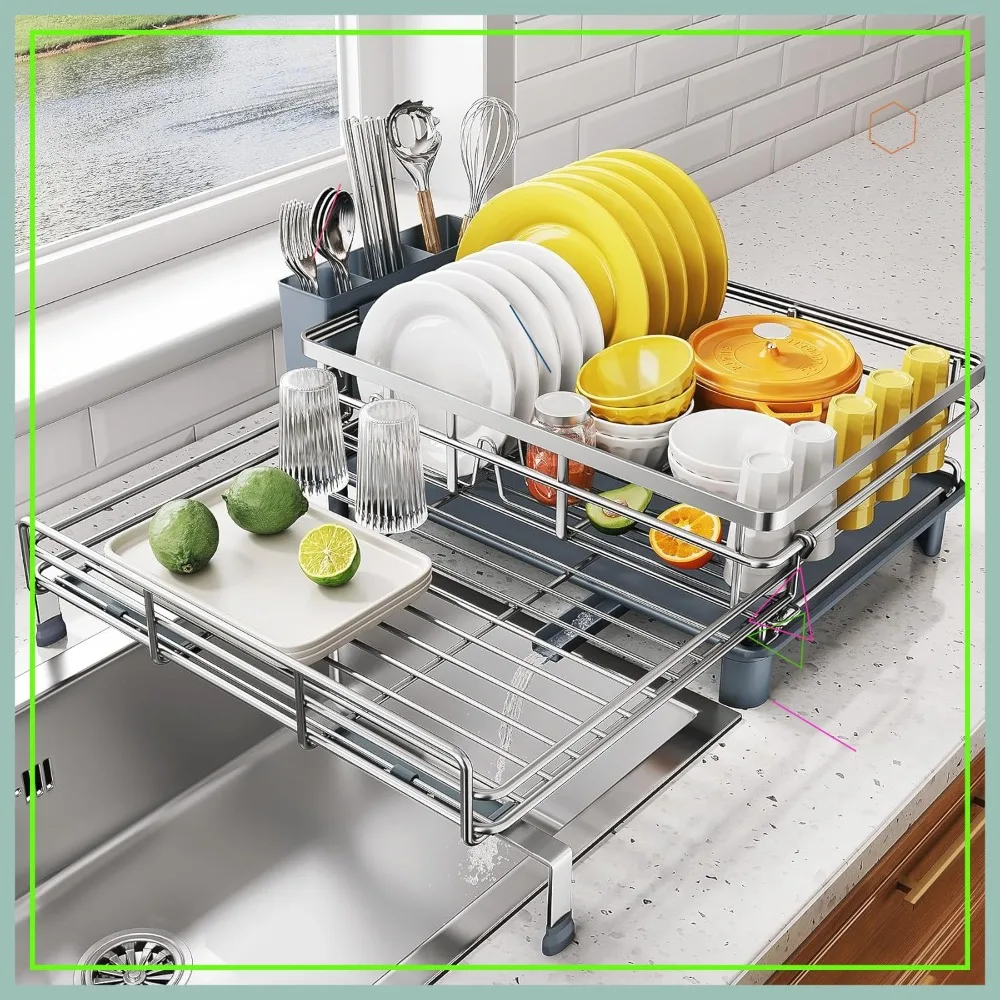 

Раздвижная сушилка для посуды из нержавеющей стали с держателем для столовых приборов, большой дренажный поддон для кухонной столешницы