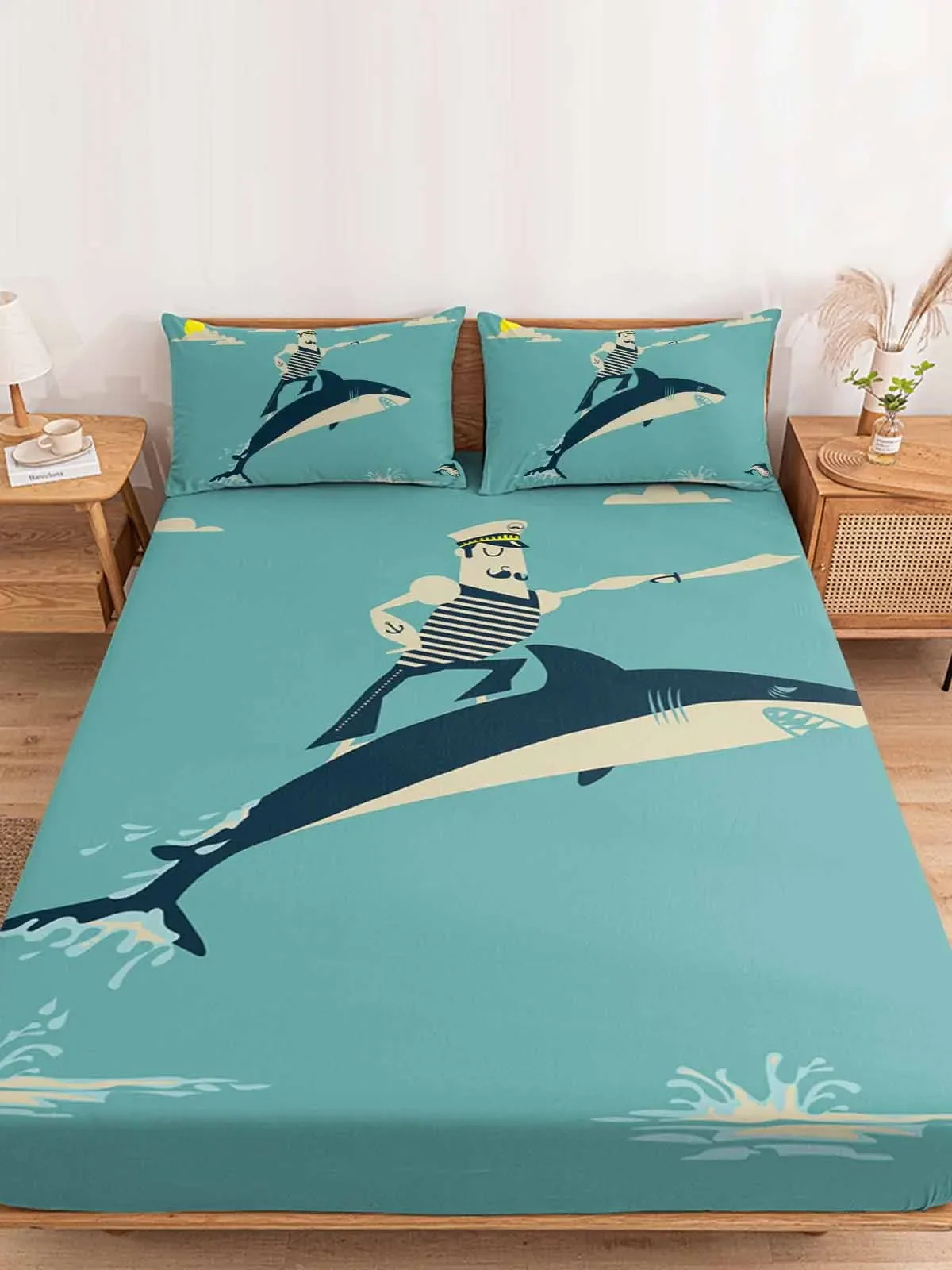 Captain Shark Nautical Pirate Beach Queen Size Bed Mattress Fitted sheet Elastic Rubber Band Non-slip Bed Sheet Pillowcase Set