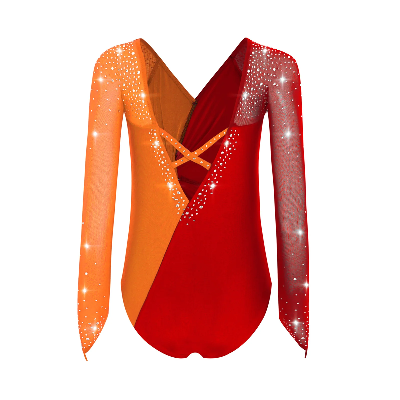Kids Girls Figure Skating Gymnastics Leotard Sheer Mesh Cross V-Back Knot Font Color Block Long Sleeves Ballet Dance Bodysuit