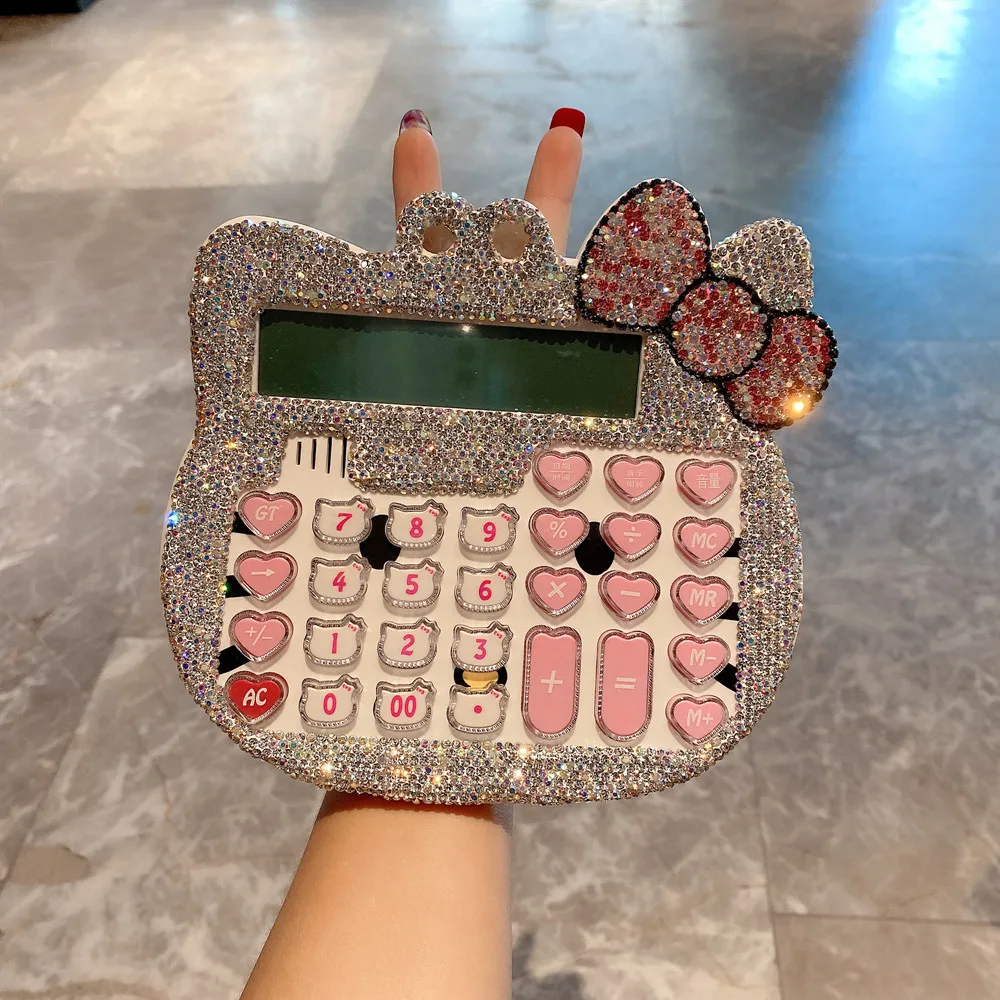 Kawaii Cartoon Cute Calculator Rhinestone KT Cat Real Voice Learning Big Button Screen Display 12 Digits Office Supplies