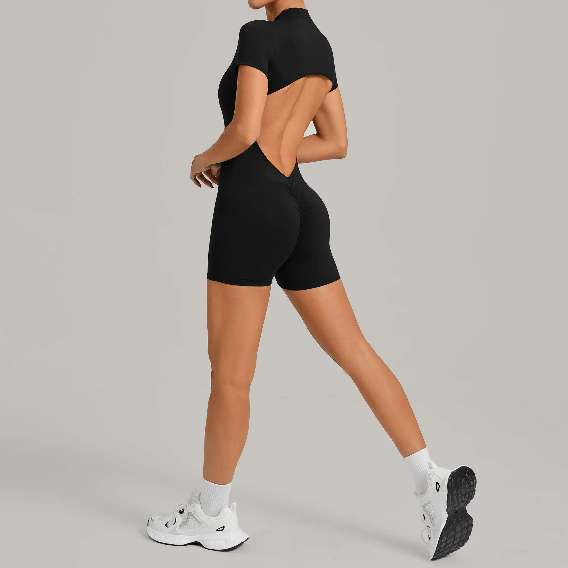 Women Short Sleeve Zip Yoga Jumpsuit Cutout Open Back Scrunch Butt Lift Tummy Control Sweat Wicking Fabric Gym Workout Bodysuit