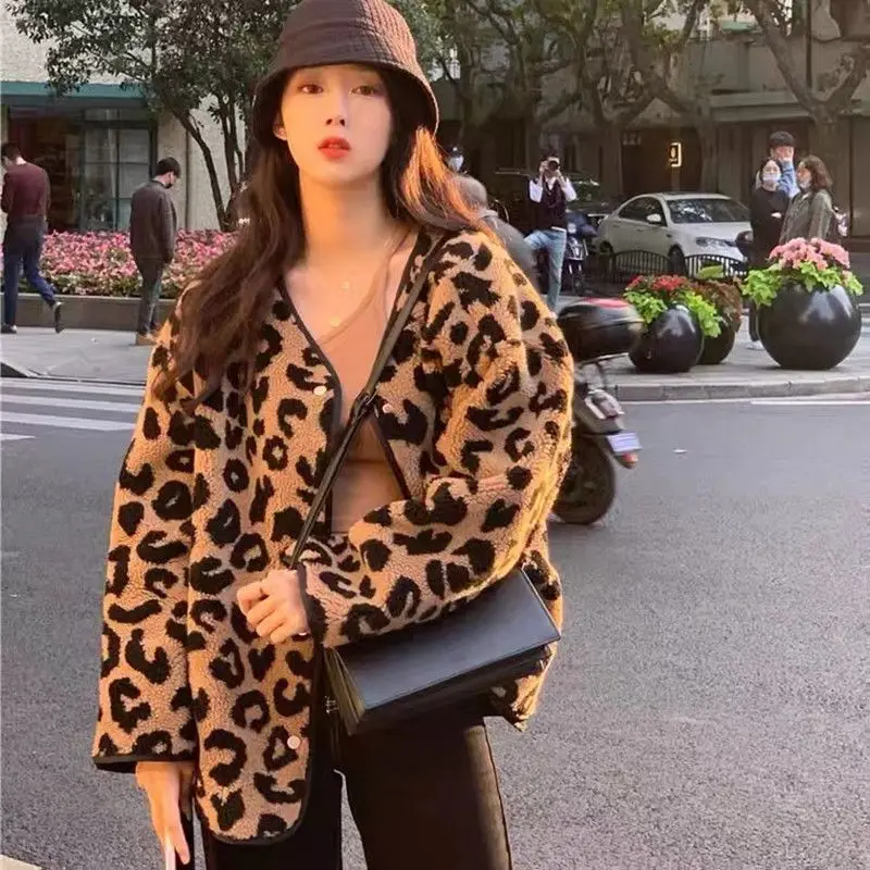 Vintage Brown Leopard Fur Integration Jacket Women Loose Button Up Oversized Coats Winter Clothes Korean Style Hot Girls Kawaii