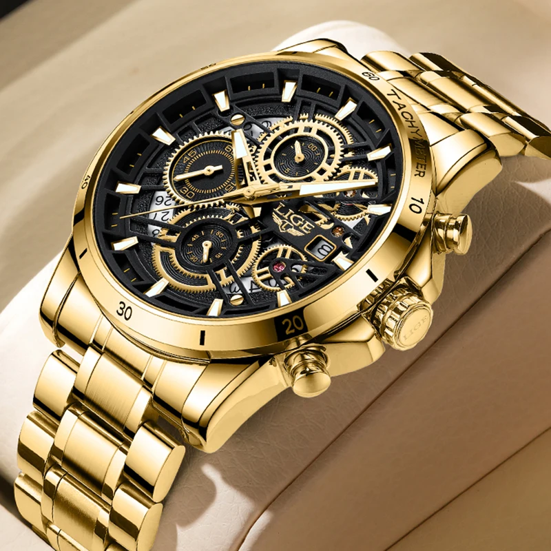 LIGE Fashion Gold Watch Men Military Sport Quartz Mens Watches Top Brand Luxury Full Steel Waterproof Chronograph Reloj Hombre