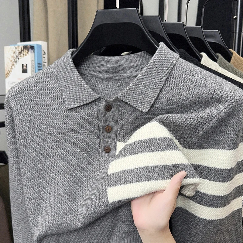 

Высококачественная брендовая трикотажная футболка с длинными рукавами и лацканами для мужчин, осень-зима, новая мода, классический полосатый дизайн повседневный корейский теплый свитер