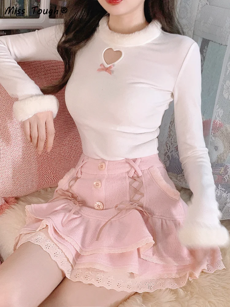 Japanese Sweet Lolita Mini Skirt Women Winter Lace Casual Elegant Kawaii Female Skirt High Waist Bandage Korean Y2k Skirt 2024
