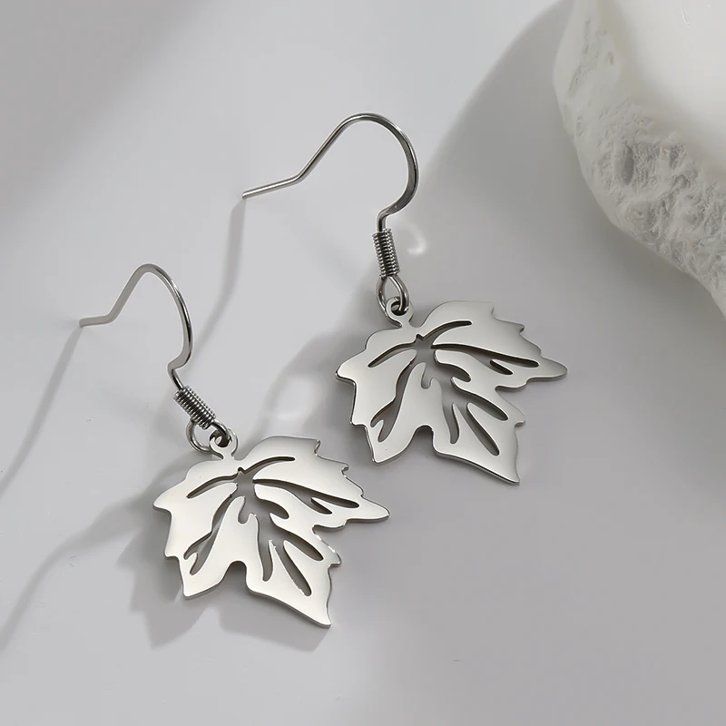 Stainless Steel Maple Leaves Plant Dangle Earrings Women Gold Color Metal Pendant Charm Drop Ear Piercing Jewelry Party Gifts