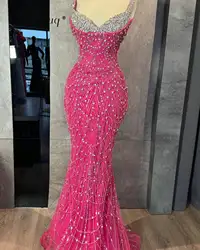 Shocking Hot Pink Crystals Mermaid Evening Dresses Spaghetti Straps Long Sleeveless Prom Gowns for Women Wedding Night Party