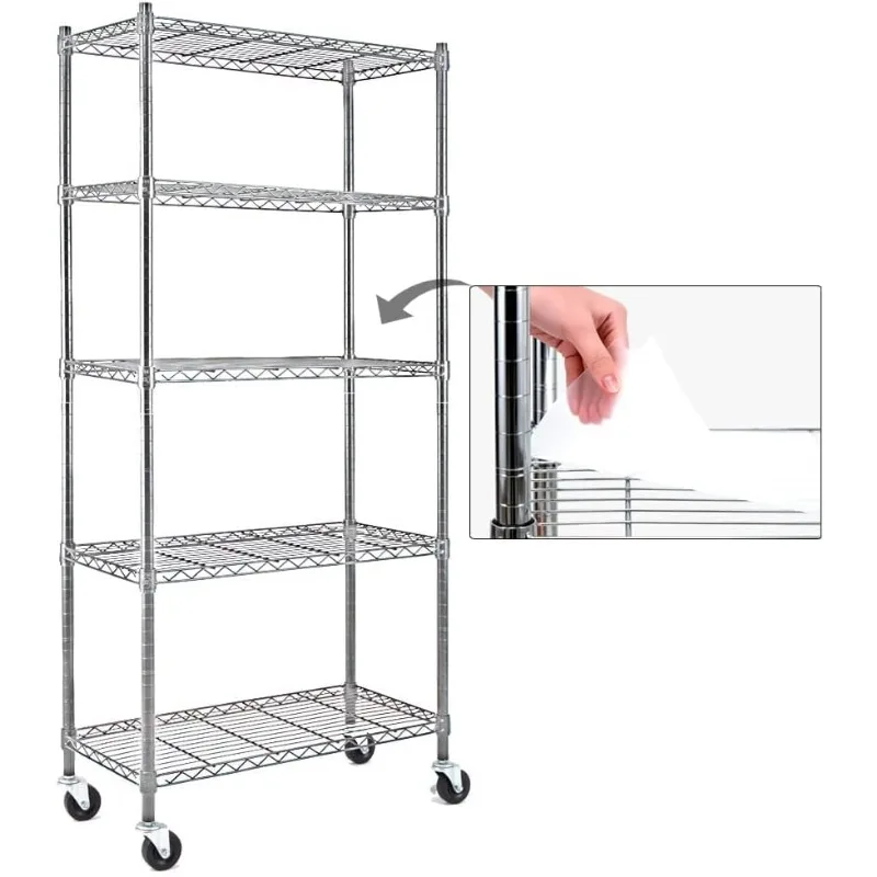 EFINE Chrome 5-Shelf Shelving Unit on 3'' Wheels with Shelf Liners Set of 5, NSF Certified