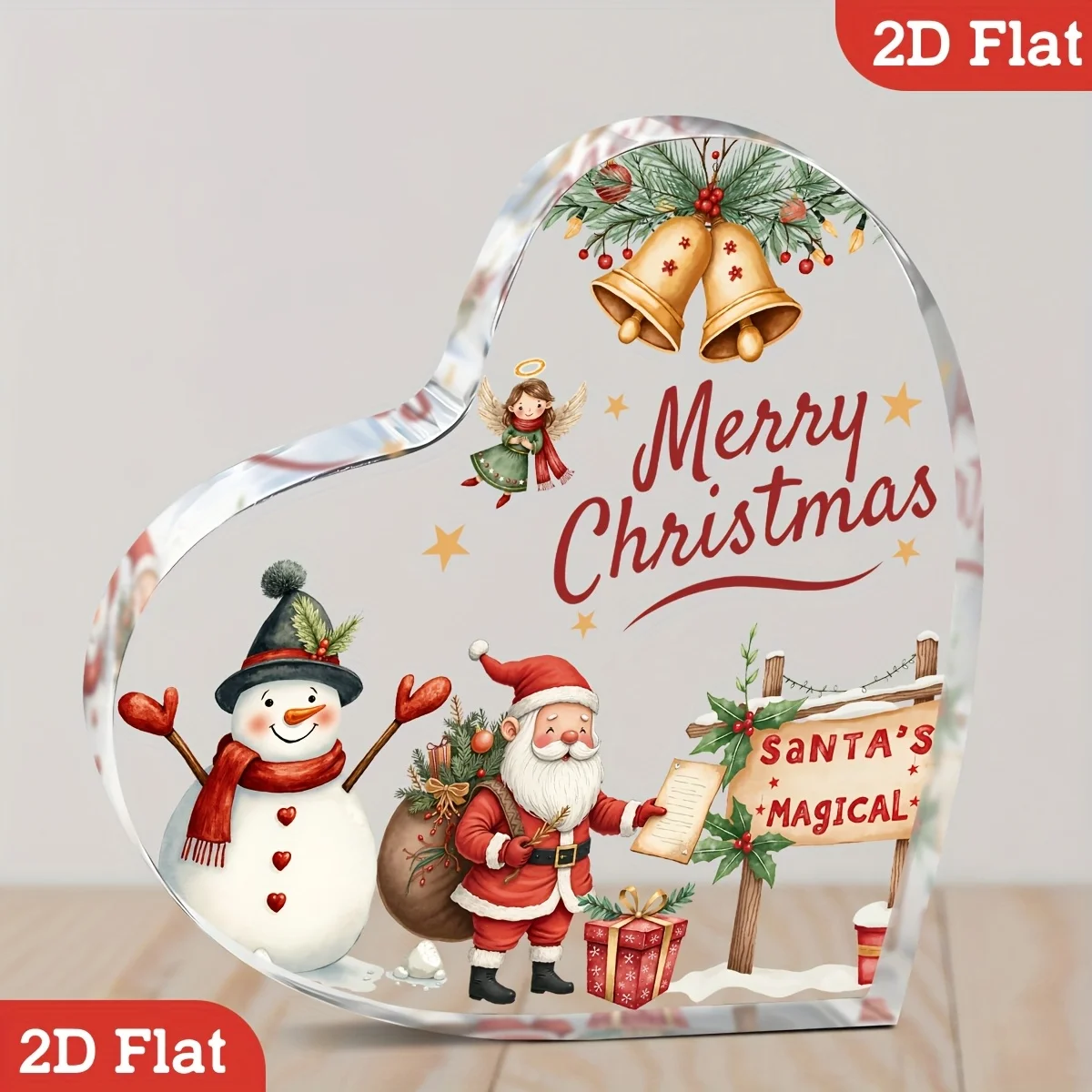 Merry Christmas Heart‑Shaped Acrylic Plaque, Snowman Santa Angel Bell Table Decor