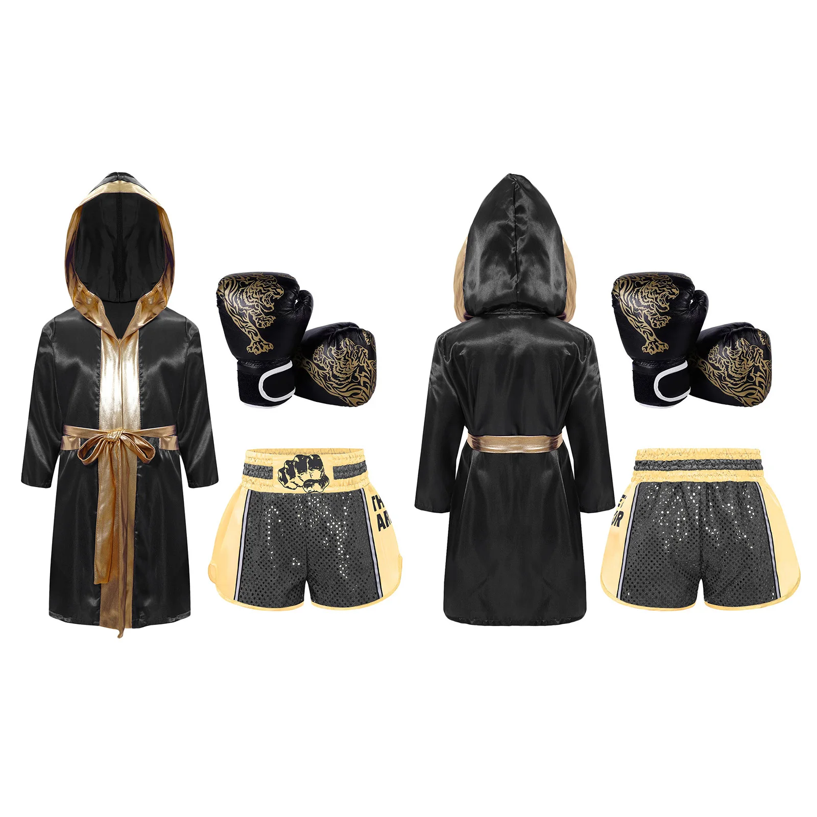 الملاكمة الزي زي الهالوين التأثيري كم طويل معدني تقليم الساتان مقنعين رداء مع حزام الترتر سراويل الملاكمة والقفازات #4