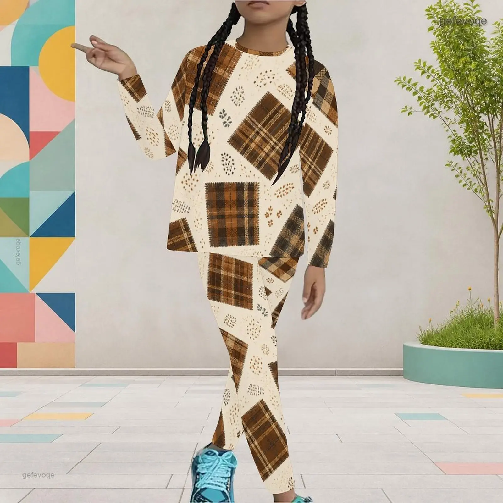 Autumn Graphic Print Girls Two Piece Set Turtleneck Tribal Rhombic Geometric Children Clothing Daily Party Wear