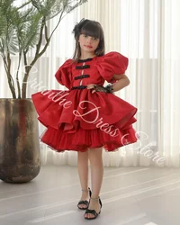 Princess Red Satin Bubble Sleeve Flower Girl Dress For Wedding Kids Birthday Party First Communion Ball Gowns Costonized