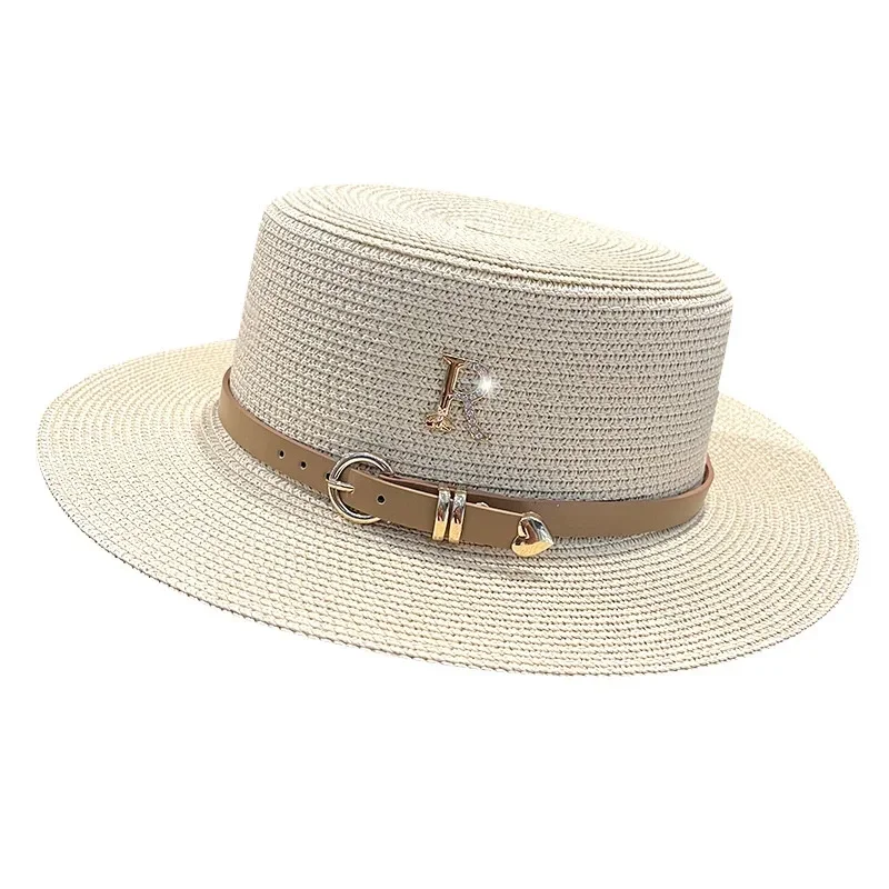 Summer Flat Top Straw Hats for Women New Metal R Letter Fashion Beach Sunshade Visors Sun Hat Females Travel Holidays Boater Hat