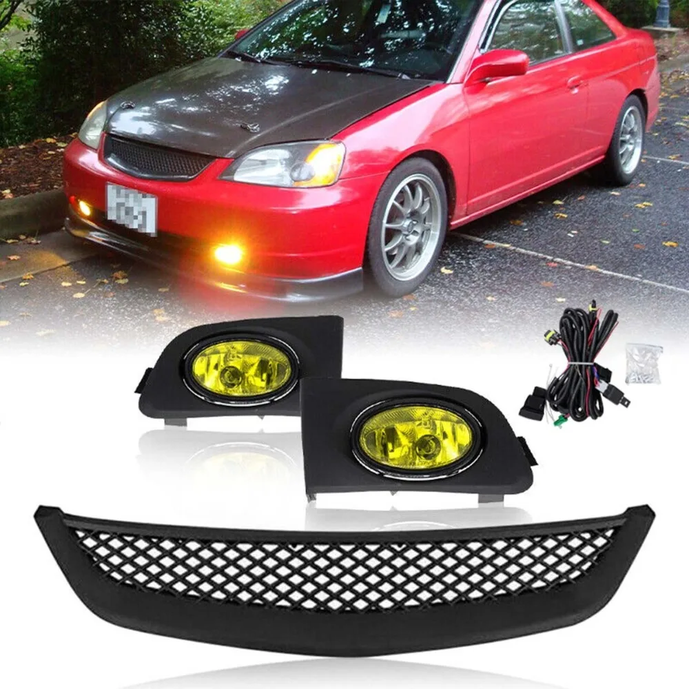 

Fit 2001-2003 Honda Civic Front Bumper Grille & Yellow Lens Fog Lights Lamps Kit