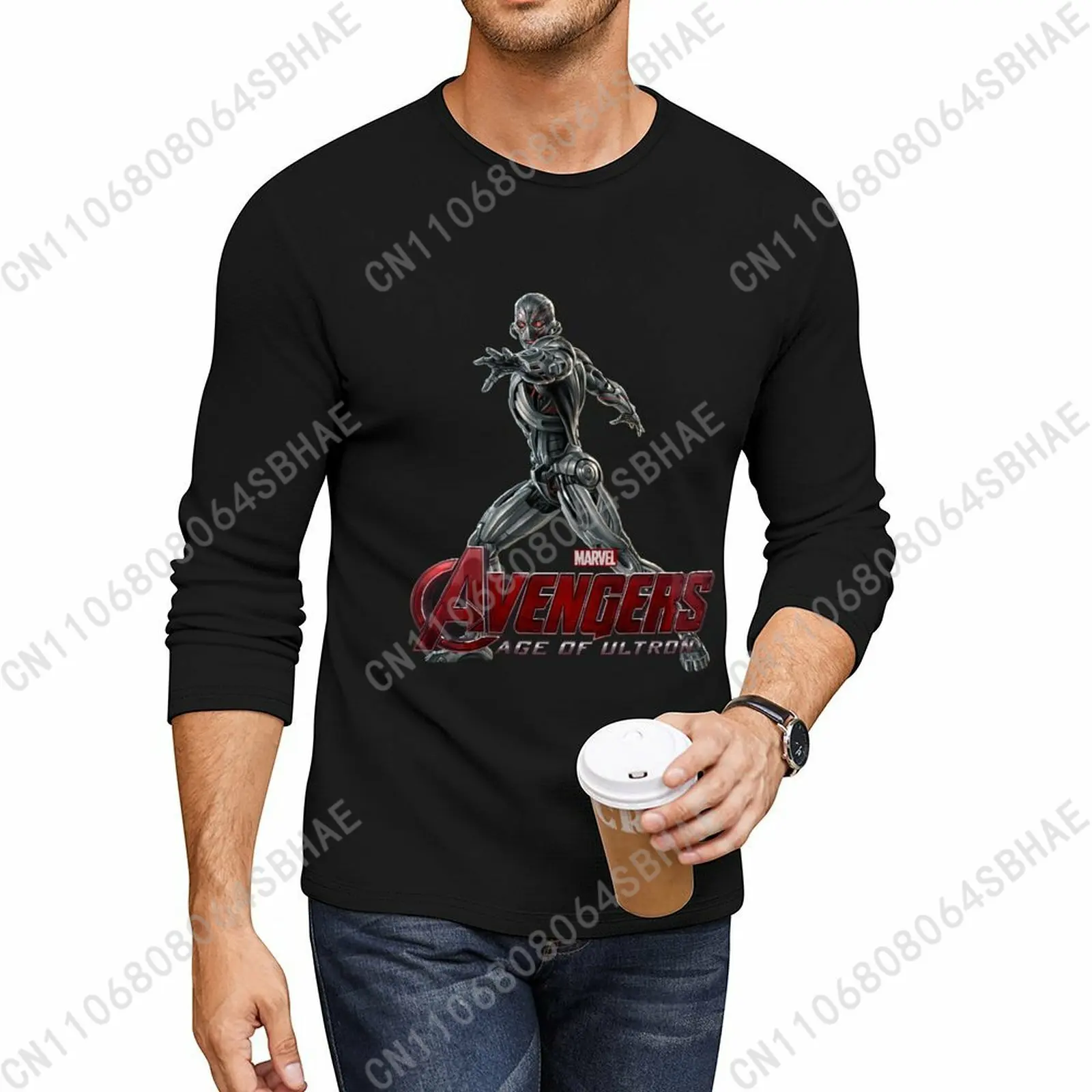 

Marvel Ultron Custom Long Sleeve Tee Men Crewneck Casual T-Shirt Spring Fall Lightweight Cotton Top Daily Cosplay