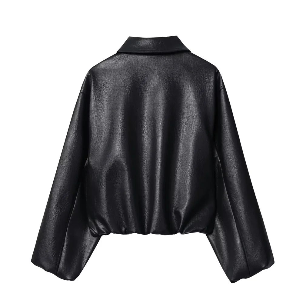 Veste de pilote en faux cuir pour femmes, manches longues, revers, poche, fermeture éclair, décoration, nouvelle collection