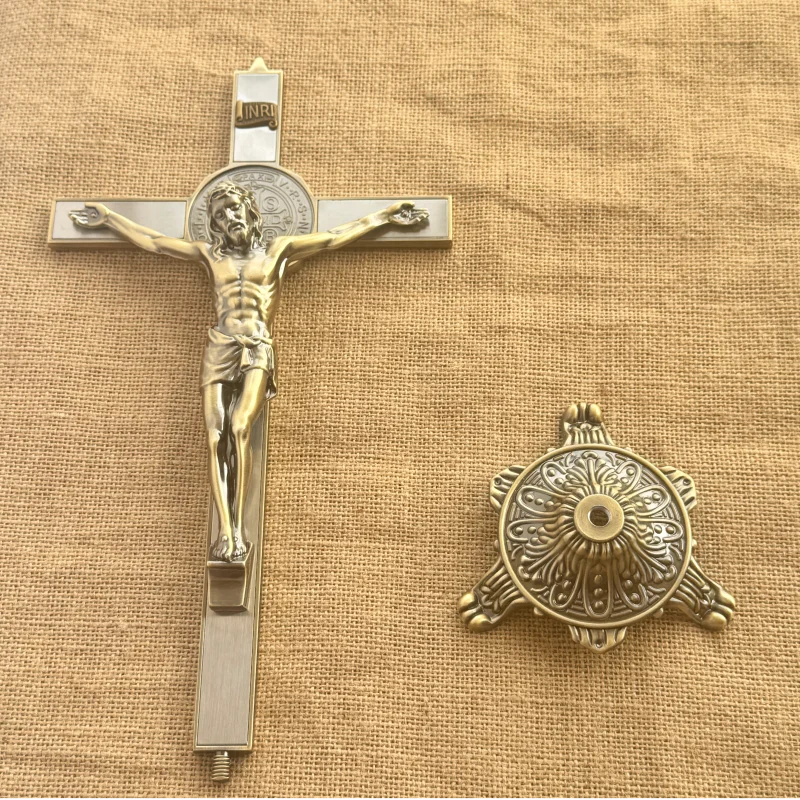 

Antique Bronze Tone Standing Crucifix with Saint Benedict Medal & Jesus Corpus for Catholic Christian Home Altar Prayer Decor