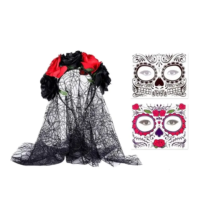 652F Halloween Dag Doden Kostuums Bloem Hoofdbanden Sluier Gezicht Getatoeëerde Stickers Dias los Muerto Vrouwen