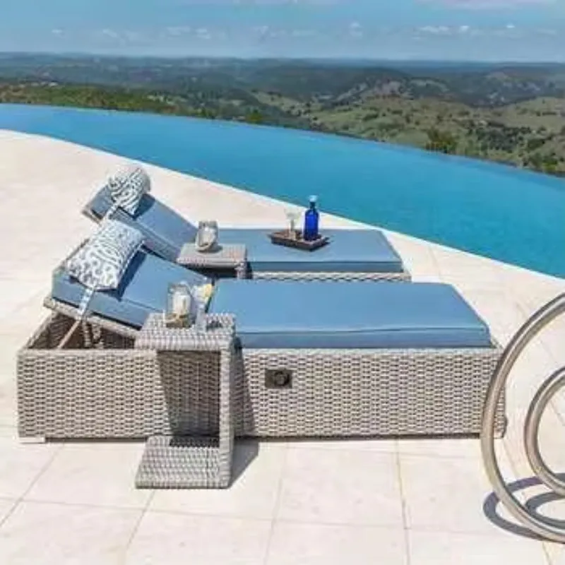 المزيد من تصميم كراسي التشمس رائجة البيع سرير الشاطئ عينة مجانية PE الروطان حديقة حمام سباحة خارجي كرسي صالة كرسي الشاطئ