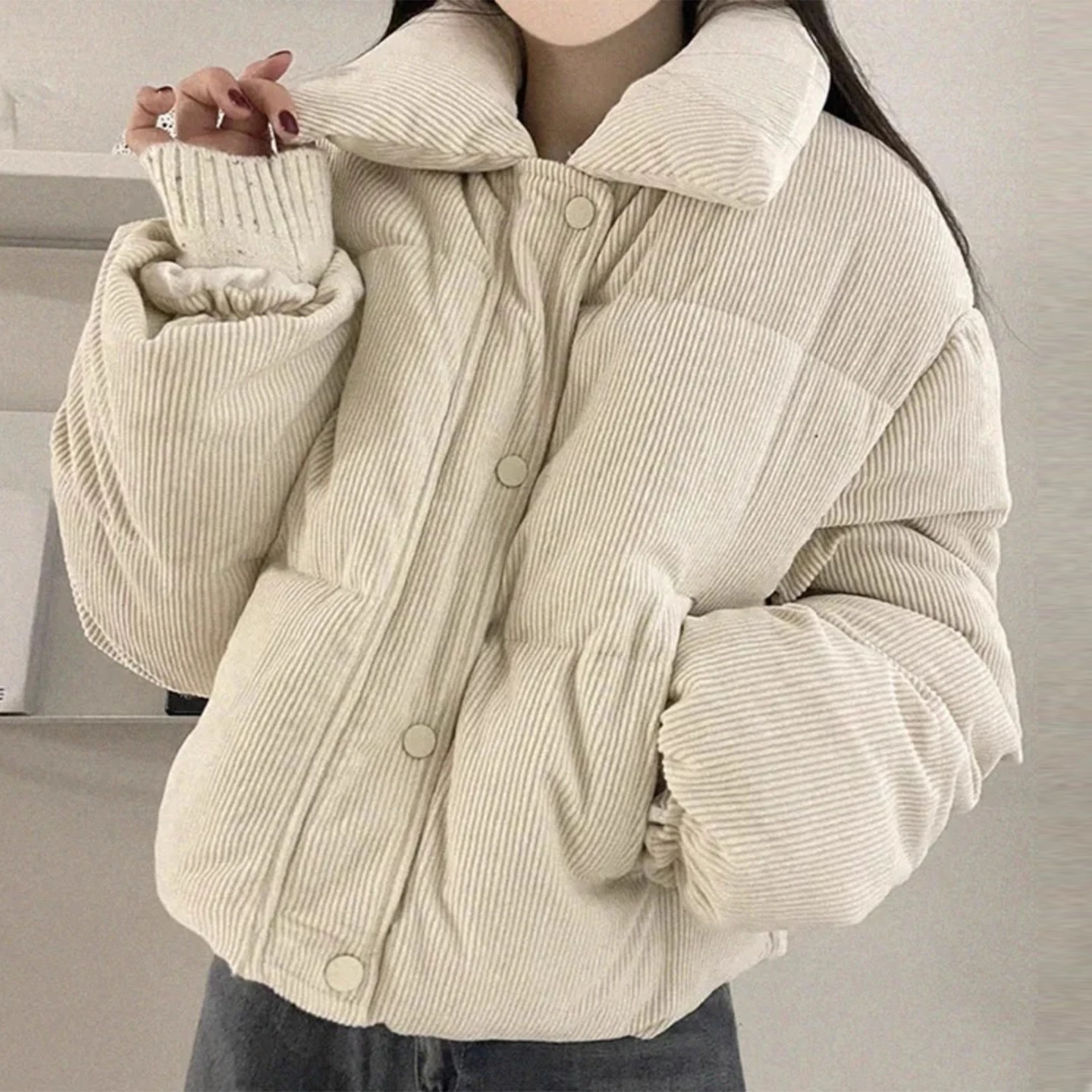 

Versatile Short Corduroy Cotton Jacket Women's Bread Style Coat Flip Collar Korean Style Loose Fit Winter New Arrival
