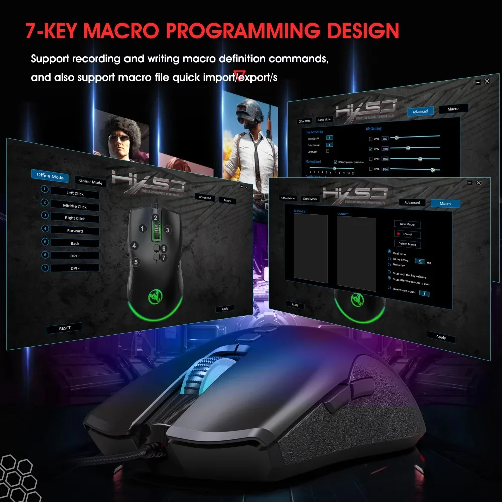 A883 Wired Programmable Gaming Mouse 7 Keys Macro Colorful Breathing Light 4 Level 6400DPI Ergonomic Mice for Desktop Laptop