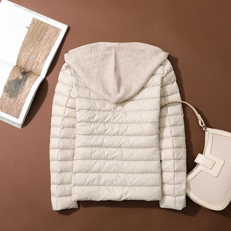 Knitted Patchowrk Hooded Down Coat Autumn Winter Women Light Thin White Duck Down Jacket Ladies Short Warm Parkas Puffer Outwear