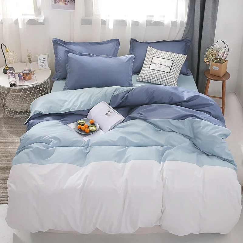 

Blue White Bedding Set Boys Girls Queen Double Size Bed Linen Plain Reactive Printed Single Quilt Cover Flat Sheet Pillowcase