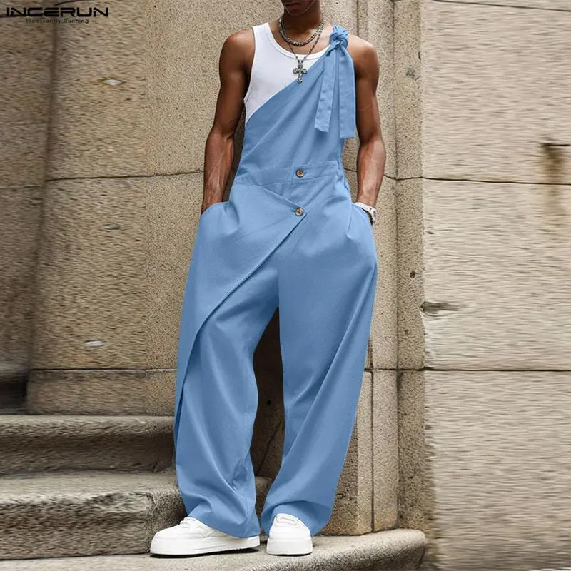 

Men Jumpsuits Solid Color Sleeveless Casual Male Rompers Streetwear Loose INCERUN 2026 Lace Up Fashion Playsuits Men Overalls