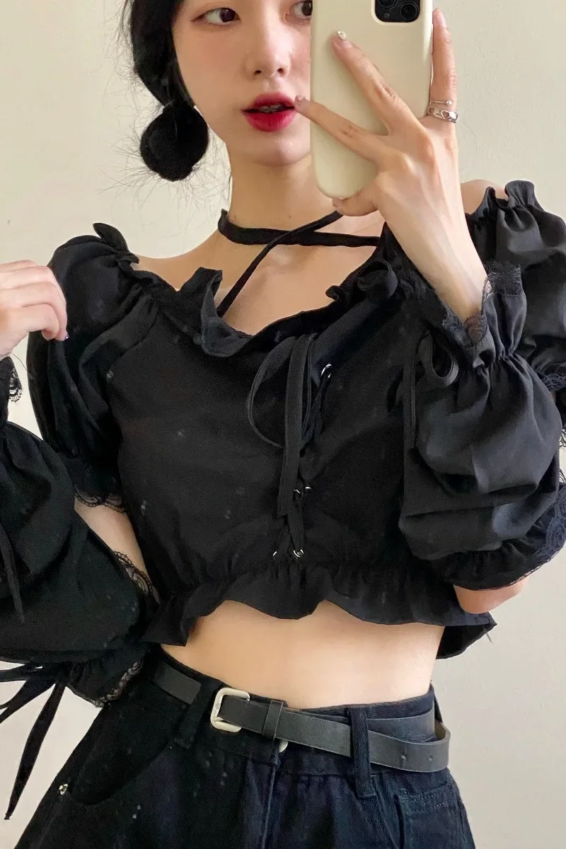 KOSAHIKI Crop Black Blouses Women Ruffles Harajuku Off Shoulder Slim Cropped Sexy Chic Female Summer Gothic Streetwear Y2k Tops