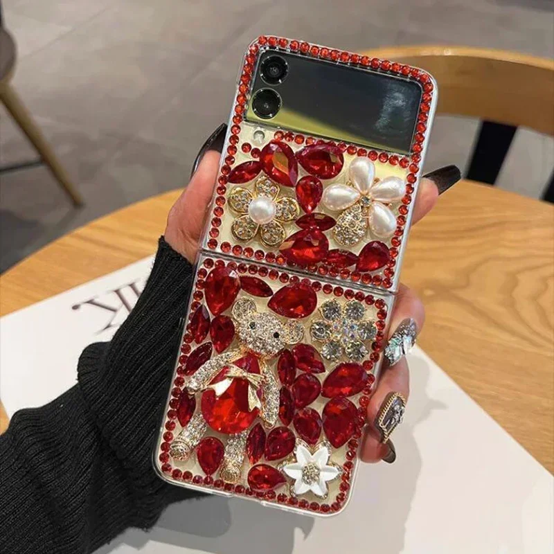 Luxury Rhinestone Phone Case for Samsung Galaxy Z Flip 5 2 4 3, Cute Bear Bottle, Pearl Diamond Flowers, Love Tassels Cover viv