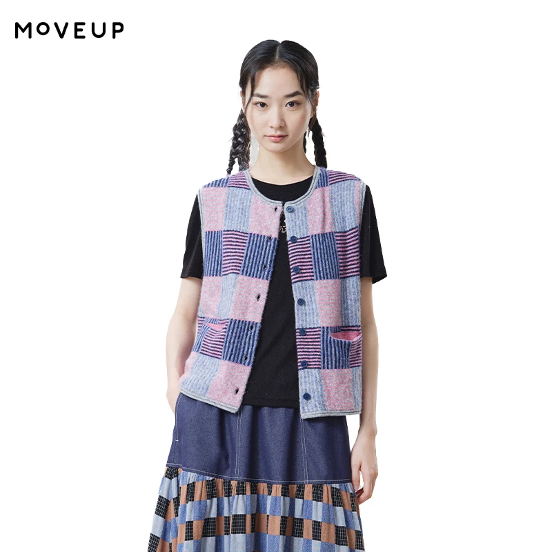 MOVEUP Chaleco de lana con cuello redondo, ideal para el otoño, con bolsillos, borde enrollado, tejido de hilo con textura suave, chaleco sin mangas, cárdigan de punto 3ELQ31003.