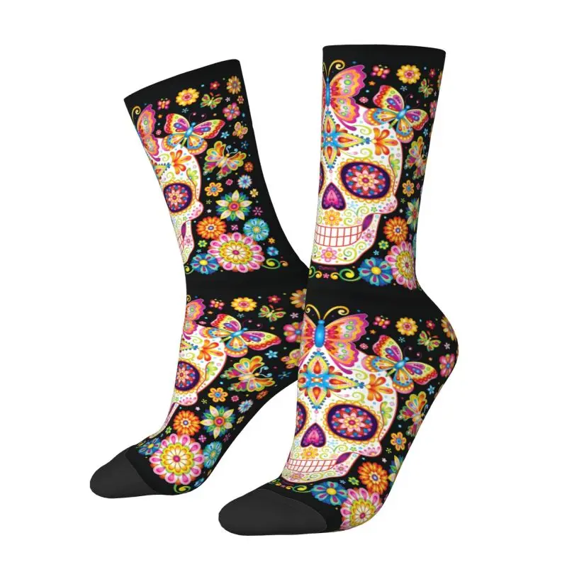 Kawaii Men's Sugar Skull With Butterflies And Flowers By Thaneeya McArdle Dress Socks Unisex Breathbale Warm Printed Crew Socks