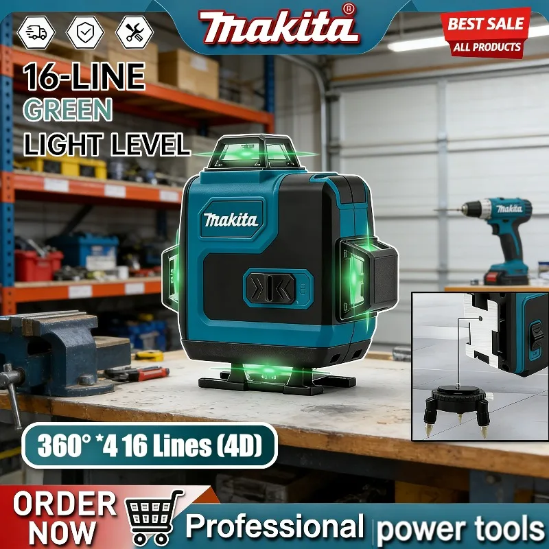 

Высокоточный 3D-4D лазерный нивелир Makita с 16 линиями, 360° ° Горизонтальный и вертикальный зеленый лазер, портативные электроинструменты для горизонтальной и вертикальной разметки на стене