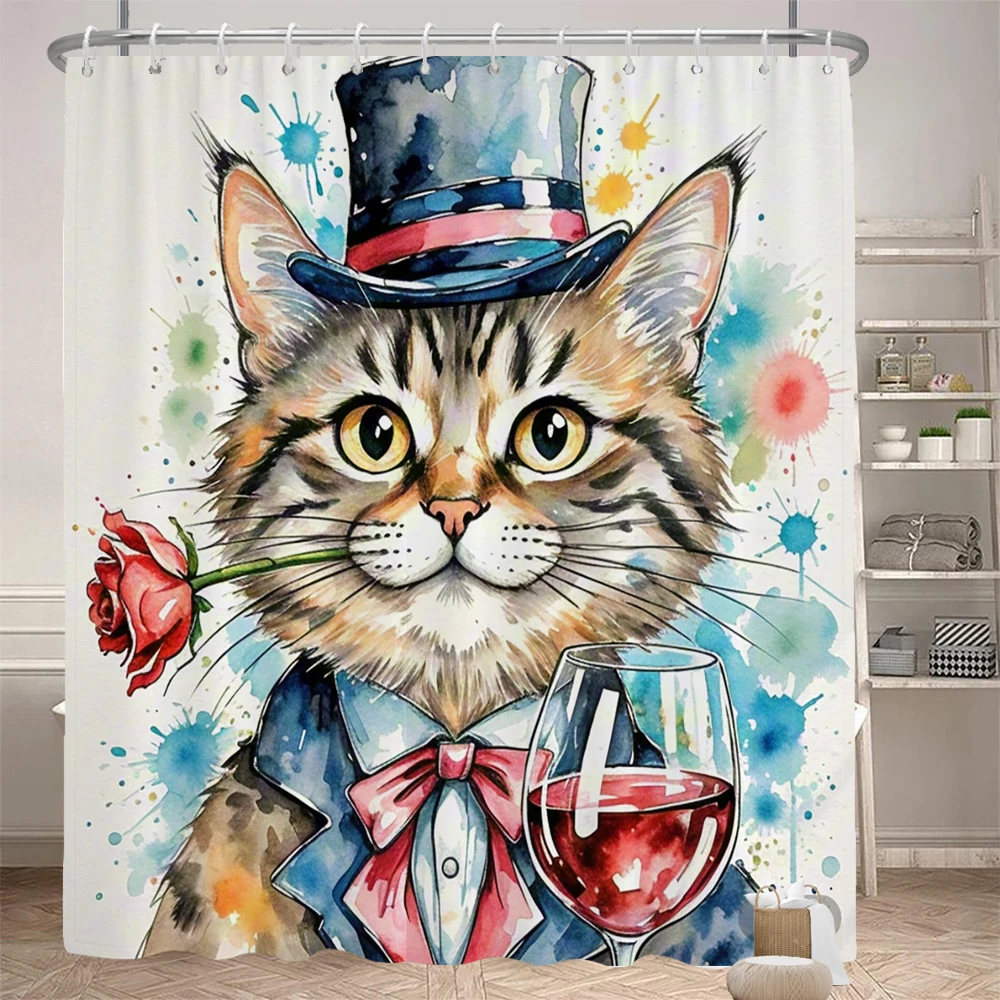 Watercolor cats and dogs funny shower curtain bathroom curtain Amusing and creative animal Decorative curtain with hooks