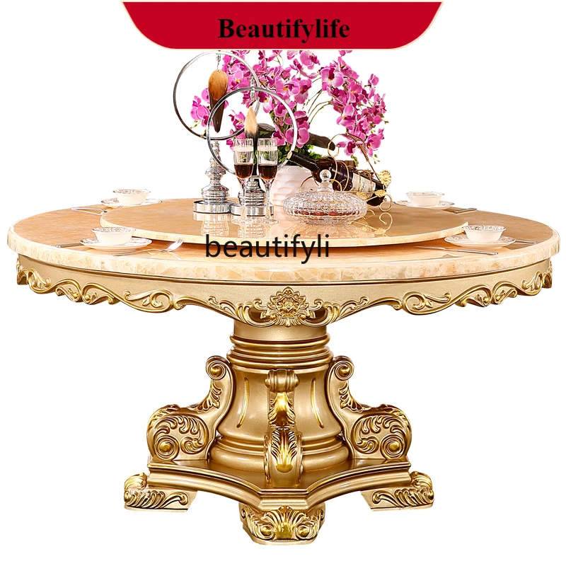 

European champagne gold marble round table all solid wood neoclassical solid wood American turntable dining table G1218