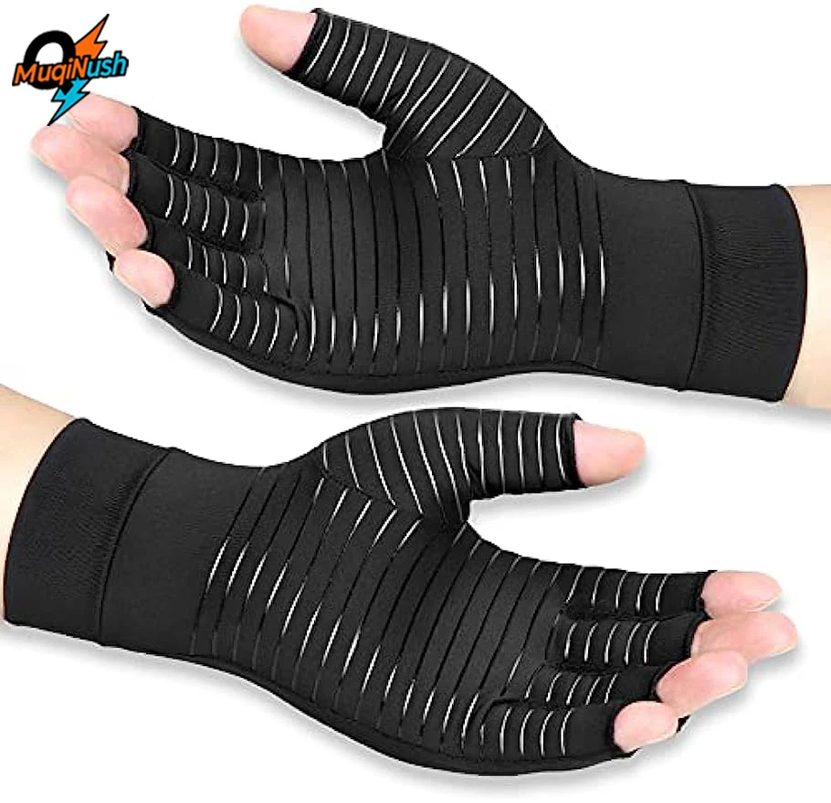 

MuqiNush Copper Arthritis Compression Black Gloves Women Men Relieve Hand Pain Swelling Carpal Tunnel Fingerless for Joints