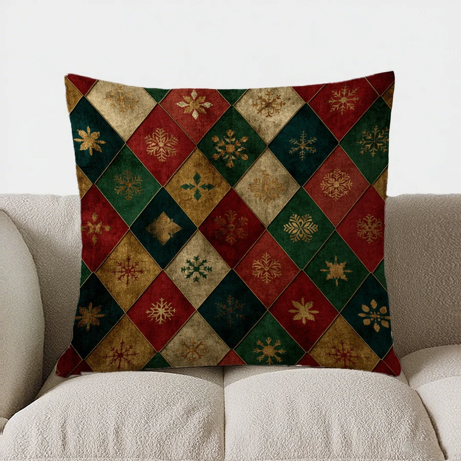 Christmas Snowflake Argyle Pattern throw pillow cover with short plush print for living room sofa decoration cushion cover