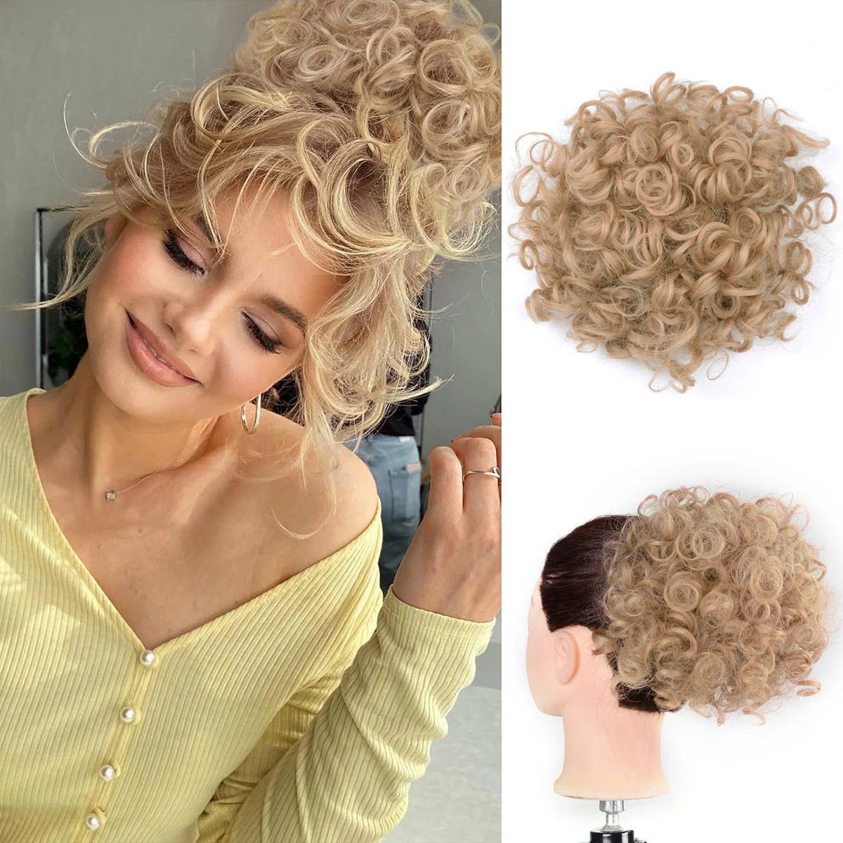 Afro Puff Drawstring Ponytail Synthetic Hair Extension Ombre Honey Colored Blonde Clip On Kinky Drawstring Curly Ponytail