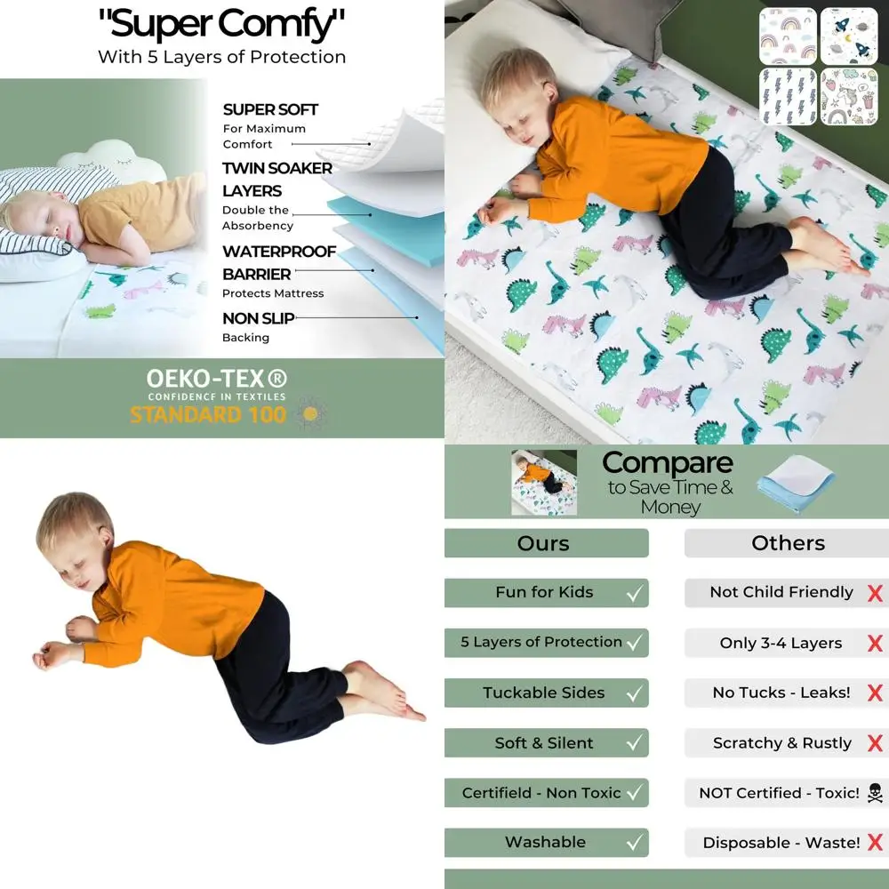 

Durable, Washable Potty Training Pads for Kids - Waterproof, Non-Slip Twin Bed Protector with Dinosaur Design