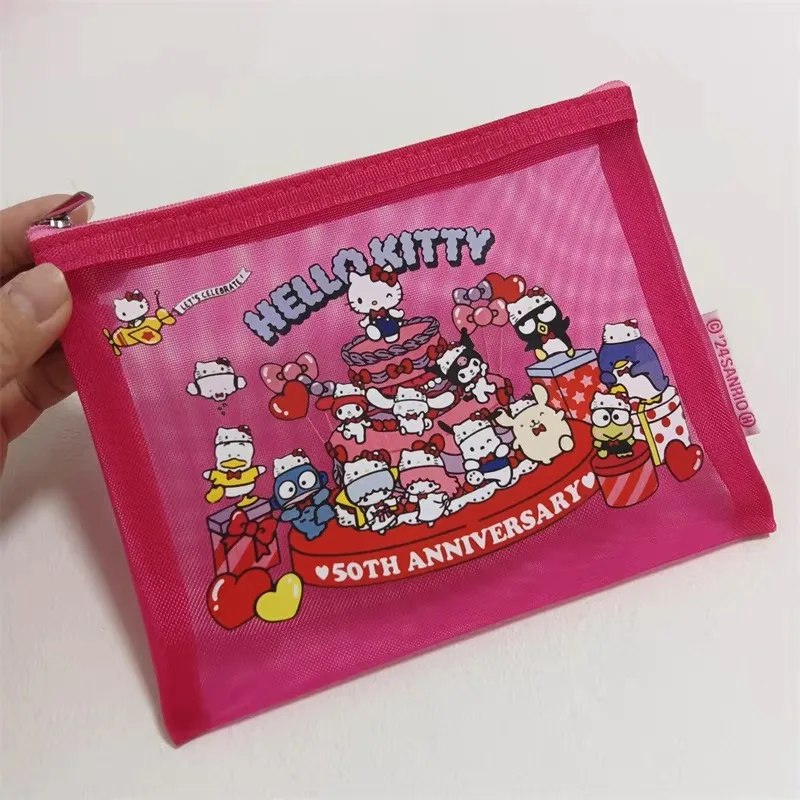 Sanrio Hello Kitty Cosmetic Bags Cartoon Transparent Mesh Bag Portable Toiletries Organizer Stationery Storage Pouch Pencil Case