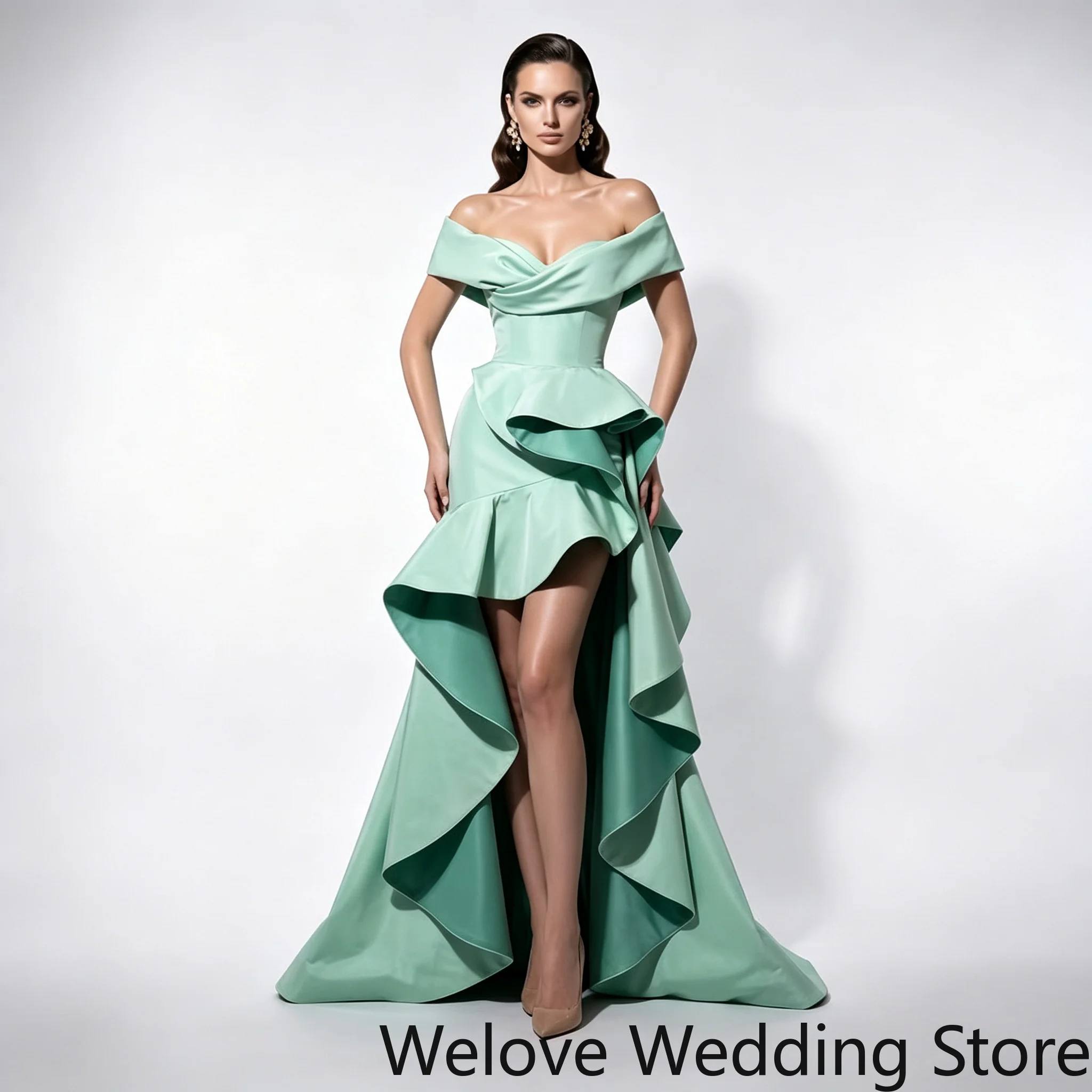 Off The Shoulder Prom Dress Satin High Low Cascading Ruffles Formal Evening Gown With Long Train For Pageant Banquet Party