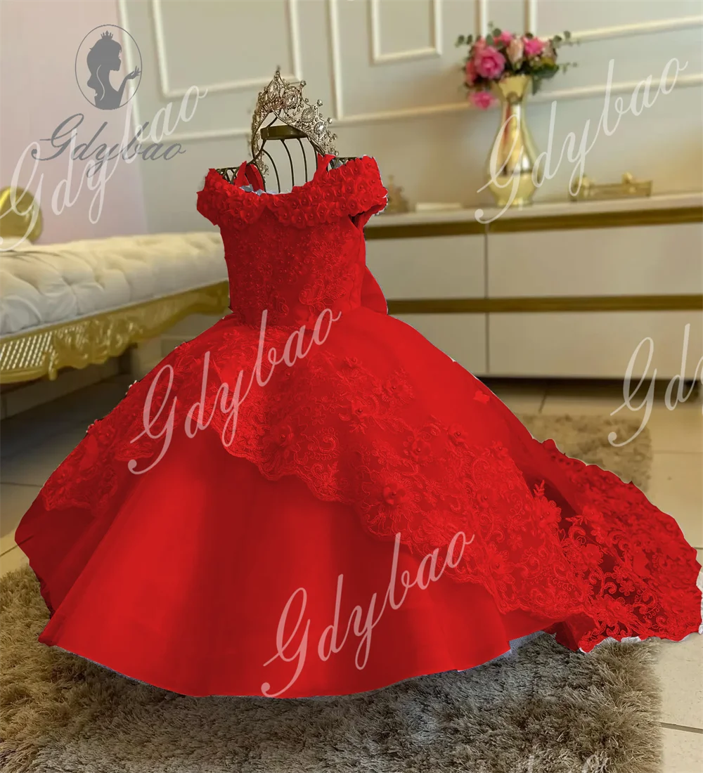 Red Bow Puffy Flower Girl Dress Para Casamento Sem Mangas Princesa Festa Tule Primeira Comunhão Beleza Pageant Aniversário