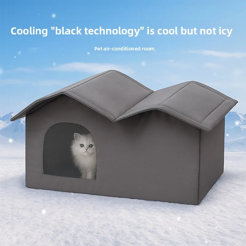 Foldable Small House-Shaped Cat Cooling Air-conditioned Bed Portable Summer Ice Shelter Enclosed Indoor Insulated Oxford Cloth