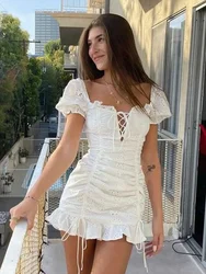 Lace Up Embriodery White Lace Dress Women Hollow Out Beach Summer Dress Puff Sleeve Ruffle Ruched Bodycon Mini Dress Vestidos